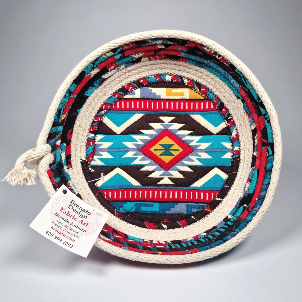 Hand Quilted Aztec Basket Brenato Design Fabric Art Zero Waste Upcycle New PNW